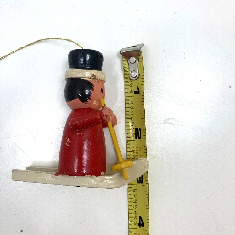 Vintage Wood Gnome Elf On Wooden Skis Christmas Ornament 3‎ inch 1985